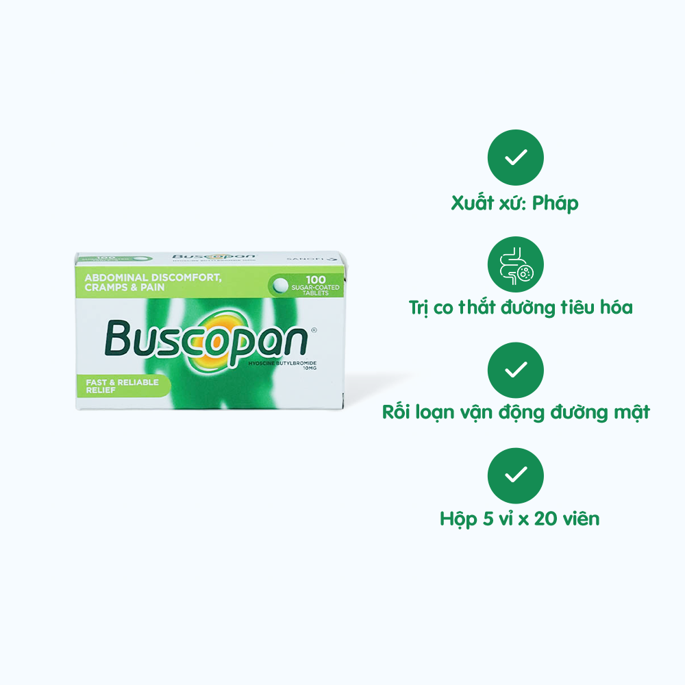 Viên nén bao đường Buscopan 10mg điều trị co thắt tiêu hóa, sinh dục tiết niệu (10 vỉ x 10 viên)