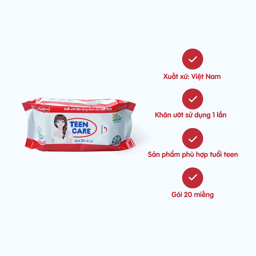 Khăn ướt tiện dụng hương dịu nhẹ màu đỏ Teen Care (20 tờ/gói)